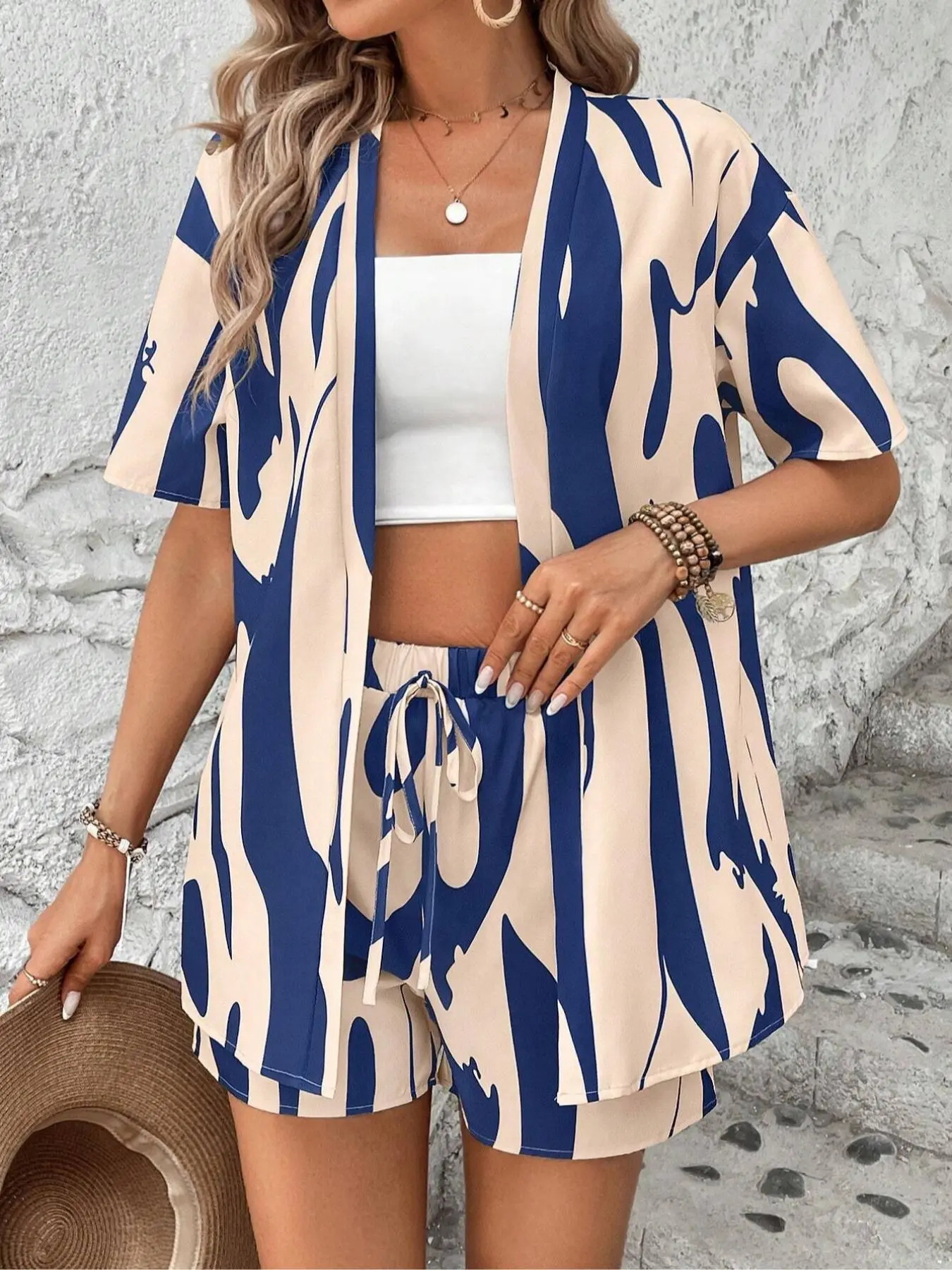 Women's Summer Lady Colorblock All-Over Printed Cardigan & Shorts Set, Fashionable Fitted Two-Piece, Comfortable Casual Wear for Daily Use, Casual Matching Set, Summer Outfits Set