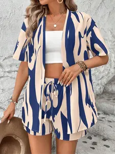 Women's Summer Lady Colorblock All-Over Printed Cardigan & Shorts Set, Fashionable Fitted Two-Piece, Comfortable Casual Wear for Daily Use