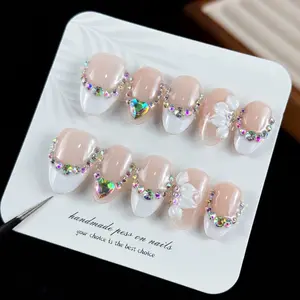 10pcs high-end Lightly luxurious and minimalist style, hand-painted decorative patterns, dazzling stacked diamonds handmade fake nails,Suitable for daily wear, wedding banquets, wedding photo shoots, and as a bridesmaid accessory, Glittering Fake Nails