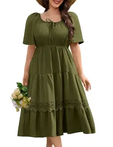 HEEKPEK Plus Size Women's Plain Ruffle Hem Shirred A Line Dress, Casual Fashion Dress, Casual Puff Sleeve Square Neck Knee Length Dress for Summer, Women's Clothing for Daily Wear #SummerWins #SwimWeek #DealsForYouDays