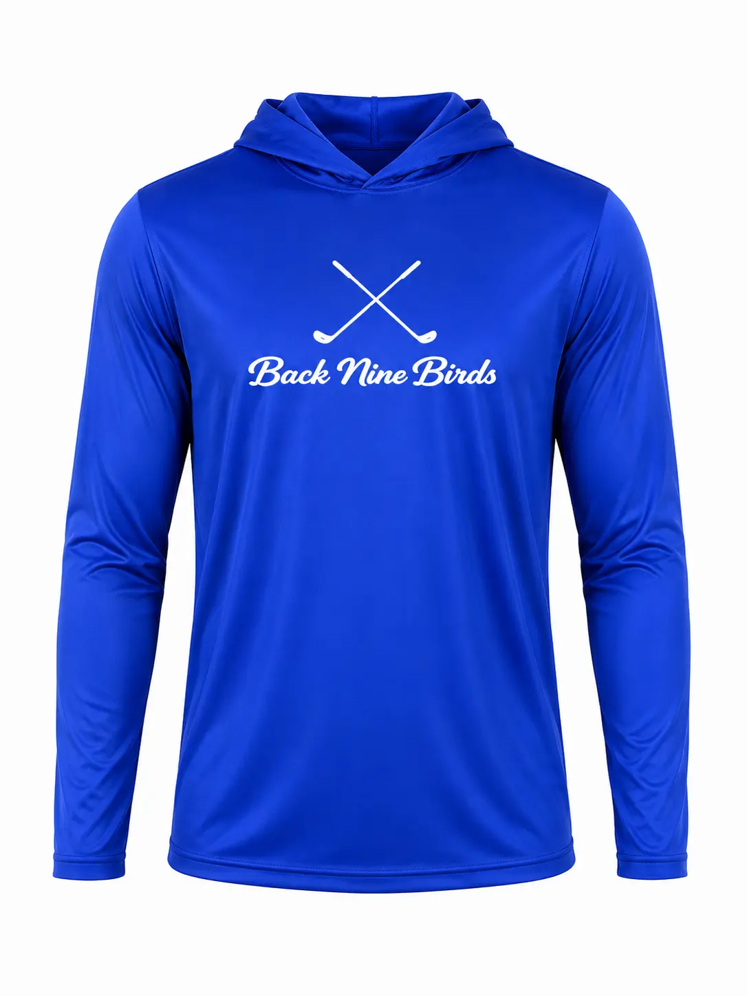 Back Nine Birds Blue Long Sleeve Hoodie with Crossed Golf Clubs Logo