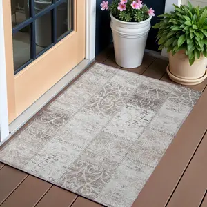 HomeRoots Decorative Area Rug - 2x3 ft. Patchwork Washable Indoor-Outdoor Rectangle Rug, Taupe (Model 563574)