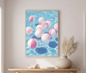 Retro Pink Beach Ball Pool Art, Summer Vibes Water, Pastel Swimming
