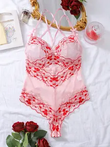 Women's Lace & Heart Embroidered Bodysuit, Sexy Cute Fit Homewear Lingerie, Handmade Valentine's Day Gift, All Seasons