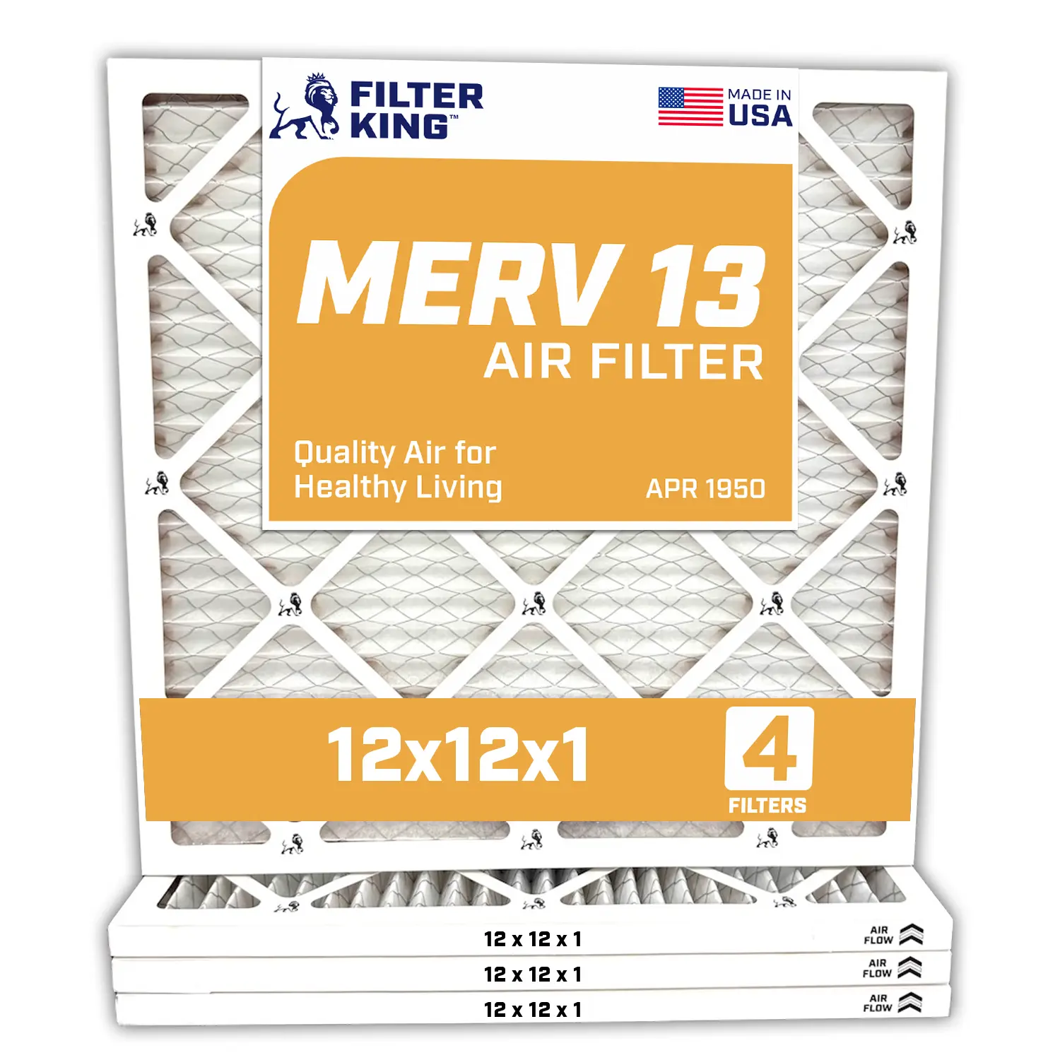 Filter King 12x12x1 Air Filter | 4-PACK | MERV 13 HVAC Pleated A/C Furnace Filters | MADE IN USA | Actual Size: 11.5 x 11.5 x .75"