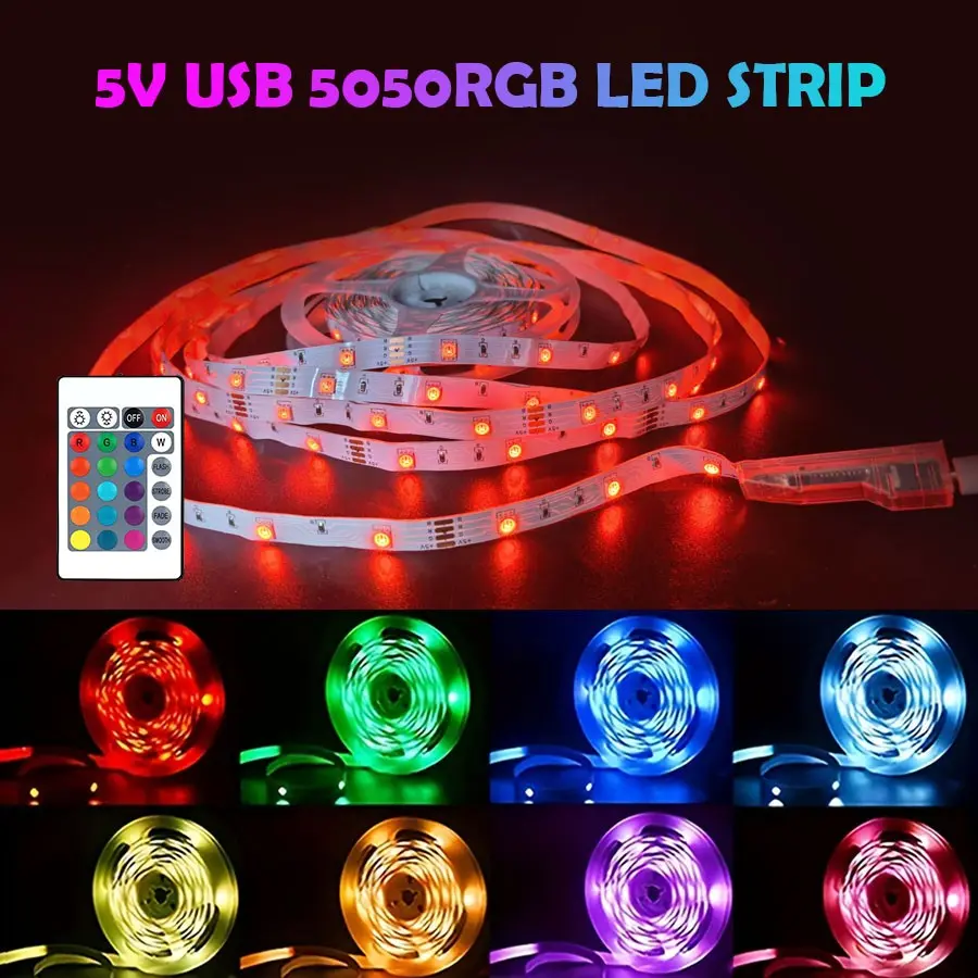 5v RGB LED Strip Light, Dimmable RGB, USB Powered, 24-Key IR Remote Control, Cuttable, Self-Adhesive, Ideal for Living Room, Bedroom, Gaming Table, Party Decor