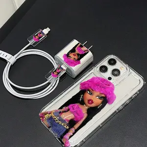 Cute Girl Pattern Phone Case with Charger Head Cover & Cable Protector & Storage Rope, Anti-drop Phone Case for iPhone, Casing