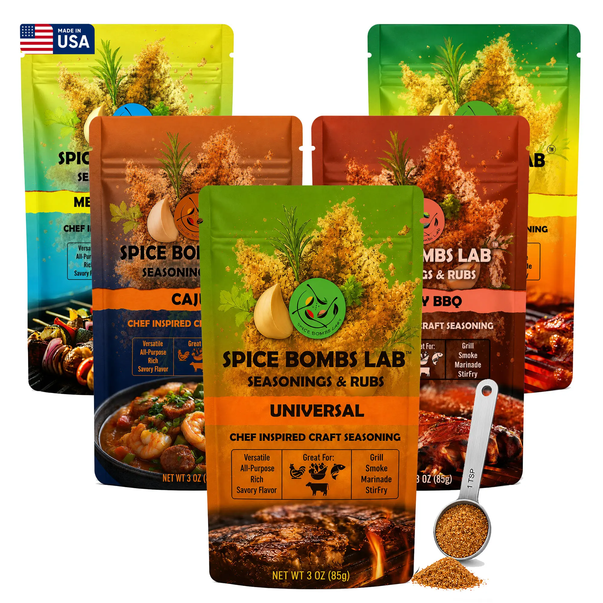 Spice Bombs Lab Seasoning & Rubs Gift Set – 5 Chef-Crafted Spice Blends with Measuring Spoon for Meat, Chicken, Seafood, Vegetables & Grilling