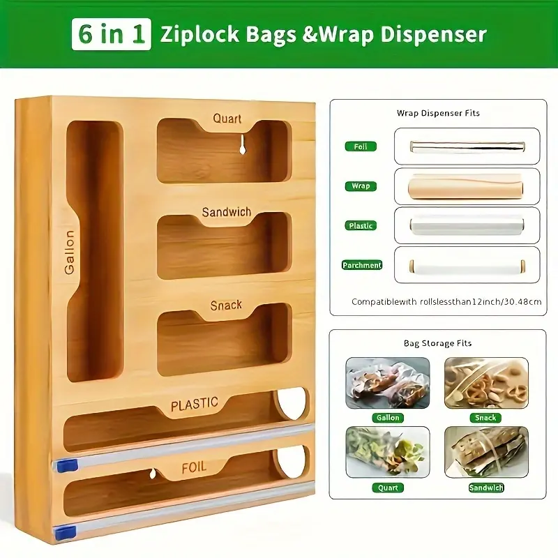 For Kitchen Drawer, Bamboo Sealer Bag Organizer, Plastic Wrap Dispenser, Aluminum Foil Organization and Storage Holder zip lock bag organizer