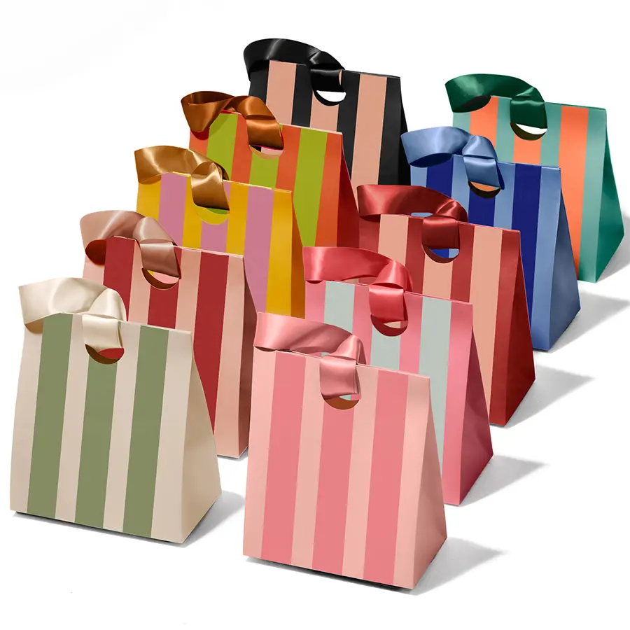 Vitalizart Striped Paper Gift Bags with Satin Ribbon Handles for Birthdays Weddings Bridal Showers Baby Showers Christmas Party Favors and Small Gifts sohochic