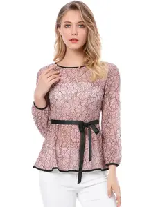 Allegra K Women's Elegant Tie Waist Long Sleeve Top Lace Peplum Blouses 3X-Large Pink Round Neck Plain Contrast Color Trim Semi Sheer Material