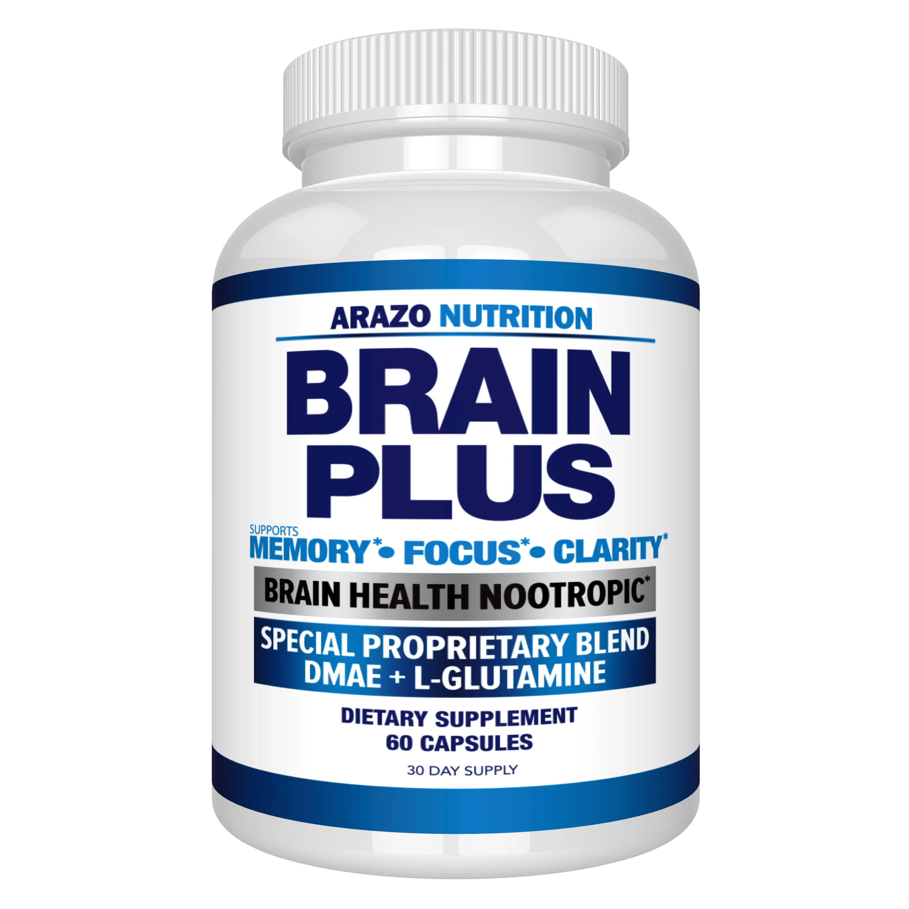 Arazo Nutrition Brain Plus - Nootropic Formula for Focus Memory & Clarity - 60 Capsules - DMAE & L-Glutamine Blend - 30 Day Supply - GMP Certified