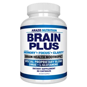 Arazo Nutrition Brain Plus - Nootropic Formula for Focus Memory & Clarity - 60 Capsules - DMAE & L-Glutamine Blend - 30 Day Supply - GMP Certified