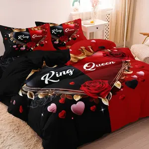 3pcs King Queen Valentine's Day Heart-Shaped Love Couple Rose Duvet Cover Set, Bed Sets, All-Season High-Definition Print for Home & Dorm, Cozy Bedroom Decor, Soft Fabric (1 Duvet Cover + 2 Pillowcase, No Core)