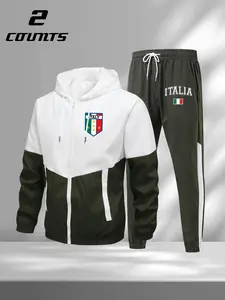 Men's Italy 2 Piece Streetwear Athletic Tracksuit Set, Full-Zip Hooded Jacket & Drawstring Sweatpants with Italian Flag & Italia Graphic, Sporty Casual Outfit for Daily Wear, Gym, Travel, Urban Fashion Enthusiasts, Comfortable Fit & Stylish Design