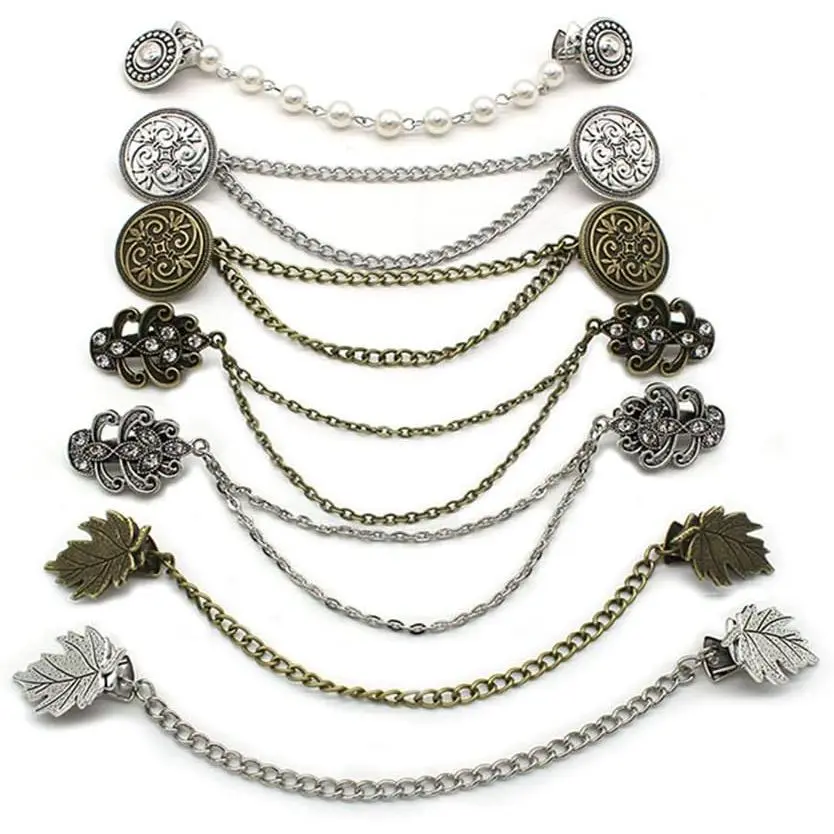 7Pcs Retro Sweater Chain Shawl Clips Cardigan Dresses Clip Collar Clip with Chain  Women Girls