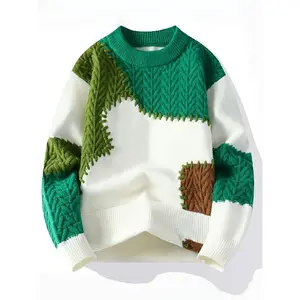 Men’s Color-Block Cable Knit Sweater – Thickened Warm Winter Pullover with Rounded Ribbed Cuffs and Korean-Inspired Design, Casual Autumn and Winter Knitwear, Knitted Sweater, High-Quality Fabric Construction