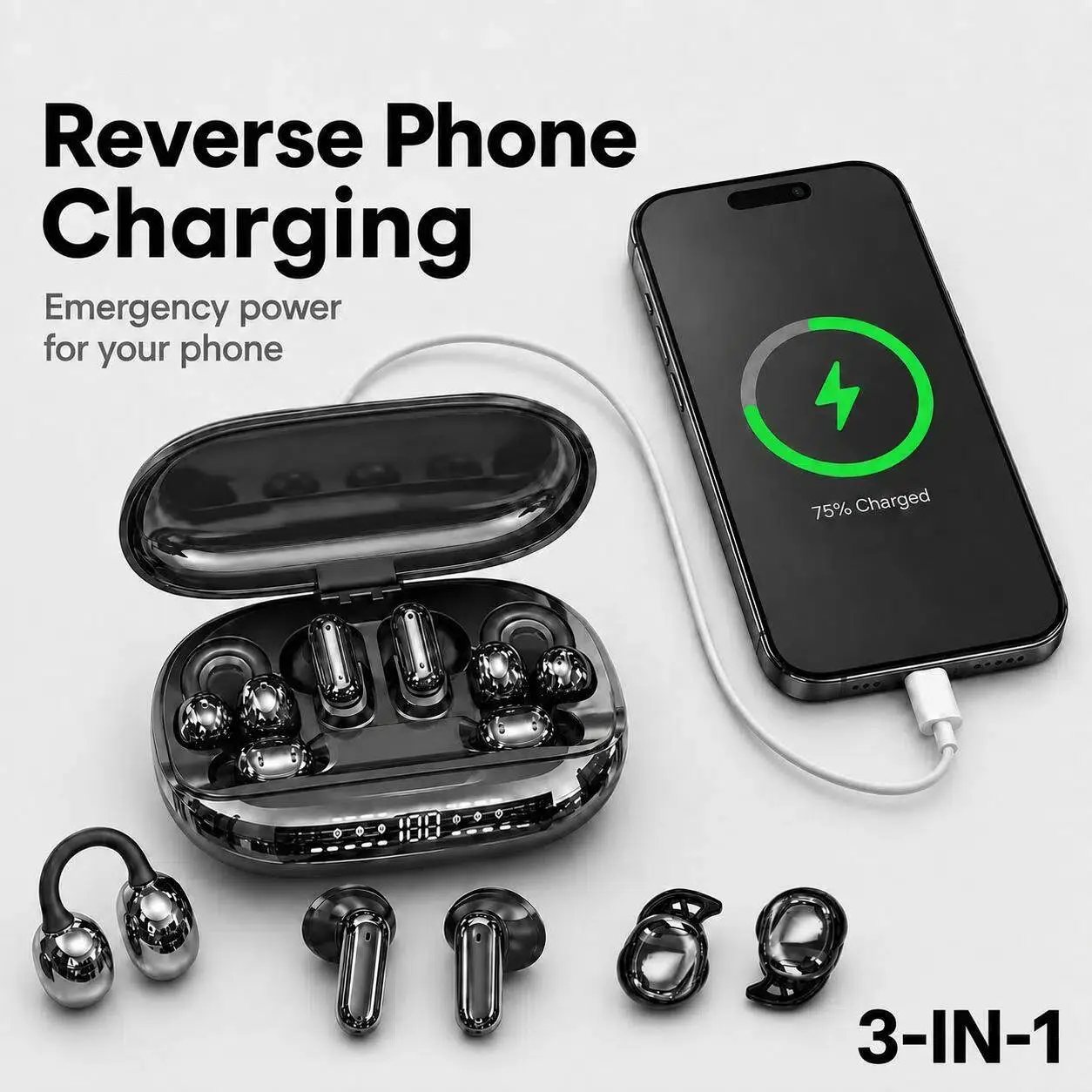 GT699S Bluetooth Wireless Earbuds with Chargeable Power Bank Case, 6 Earbuds, Clip-On Design, Noise Cancellation, Water Resistant, Reverse Phone Charging, Audio for Sports & Sleep, Android & iOS Compatible