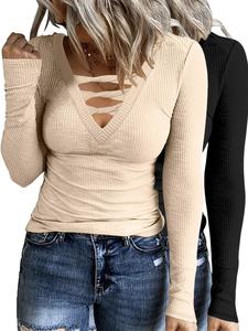 women's plain twist cut out v neck tee, casual long sleeve ribbed t-shirt for summer, ladies  tops  clothes for daily wear