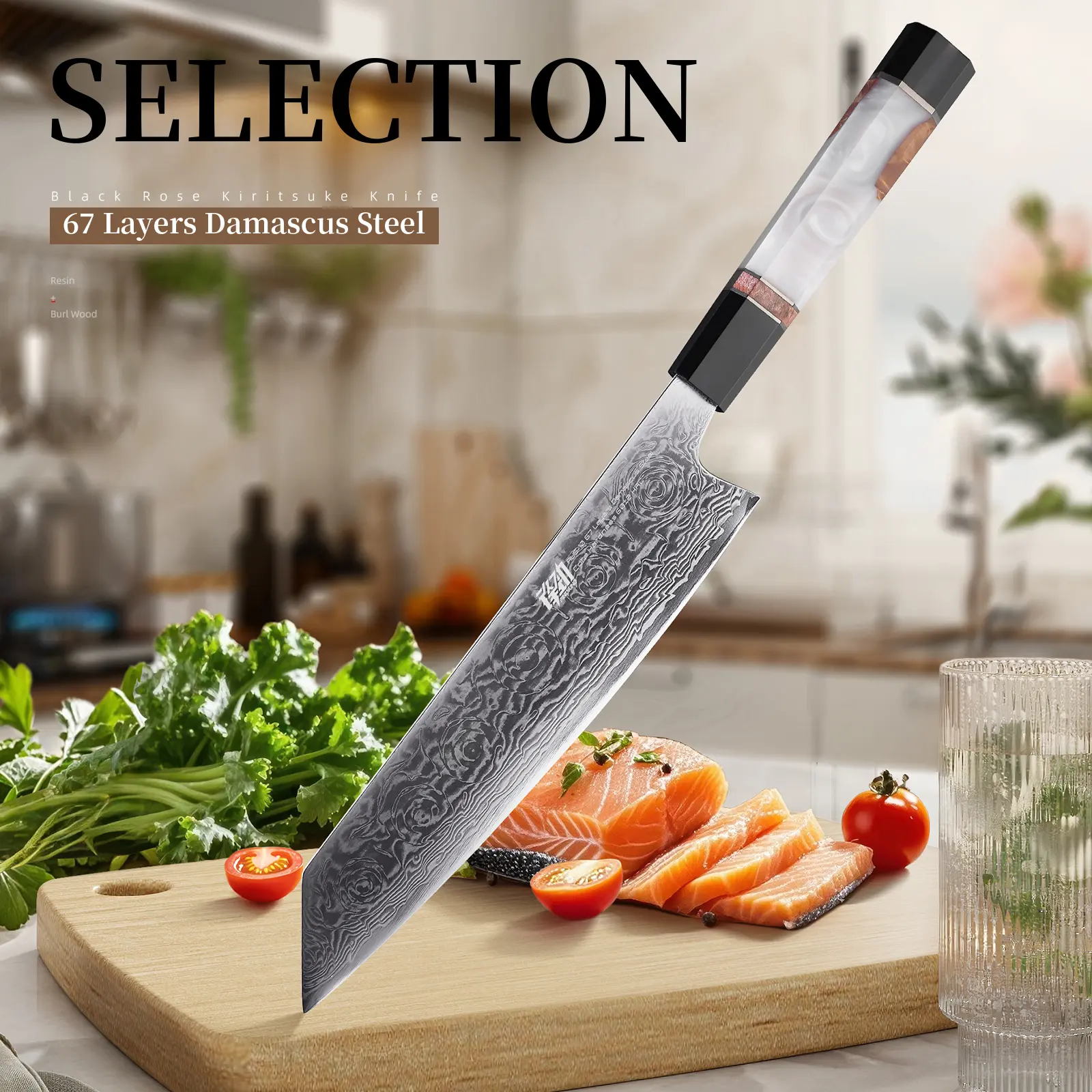 FINDKING 9-in Black-Rose Series Japanese Kiritsuke Cooking Knife - Sharp Durable Stainless Steel, Ergonomic Rose Pattern Culinary Cutlery for Professional Chefs, Ideal for Dicing, Chopping, Decent Gift