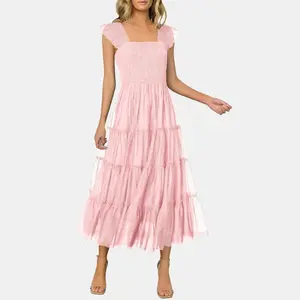 PRETTYGARDEN Women's Summer Midi Tulle Dress Sleeveless Smocked Square Neck Ruffle Flowy Party Wedding Guest Sundress Cute Light Pink Fitted Basic Minimalist