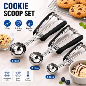 H Cookie Scoop Set, Include 1 Tbsp/2 Tbsp/3 Tbsp, Cookie Dough Scoop, Cookie Scoops for Baking Set of 3, 18/8 Stainless Steel, Good Grip, Non-Slip, For Cookies Cupcake Muffin Ice Cream waffle