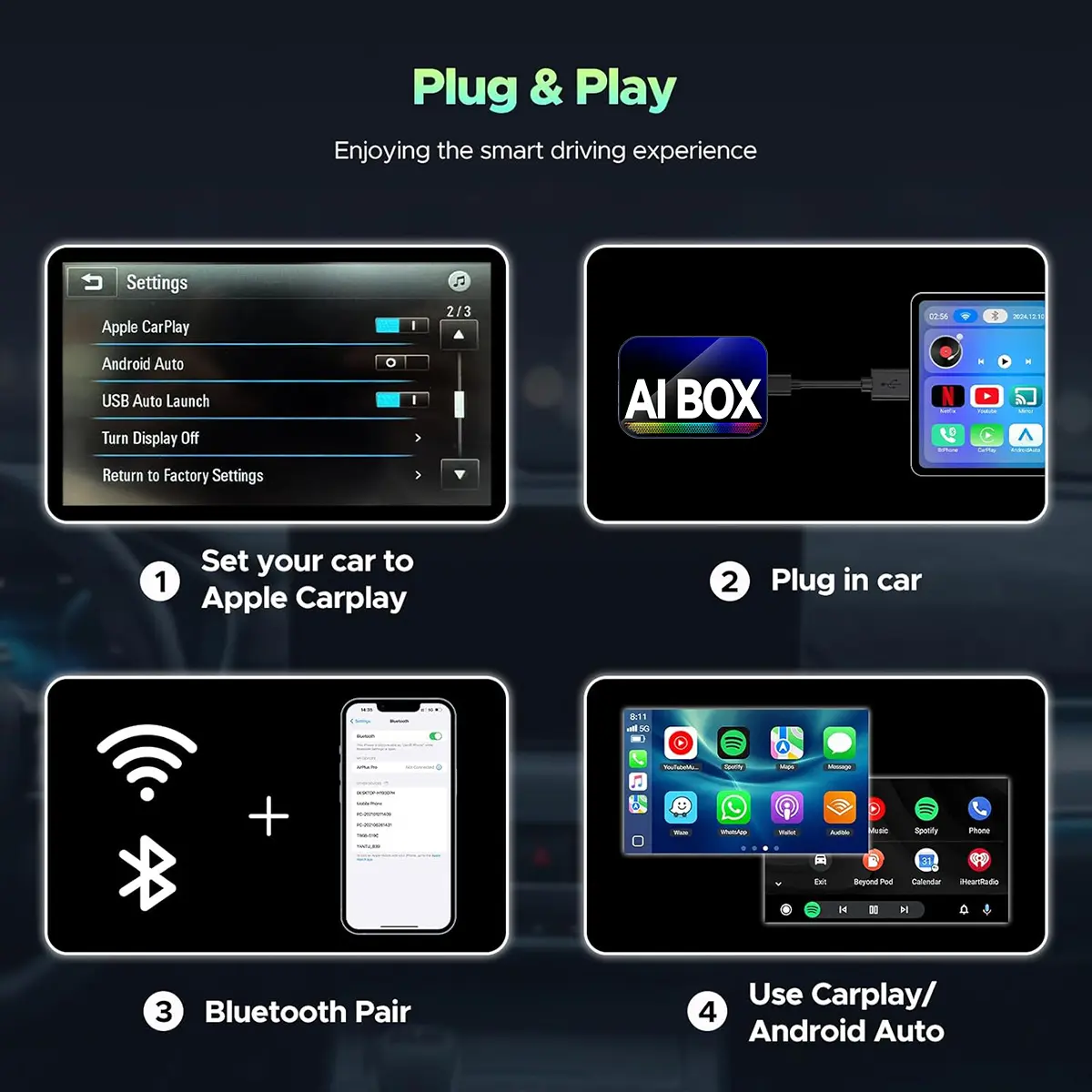 MAKASRI AIBOX-AIR) 4-in-1 Wireless CarPlay & Android Auto Adapter