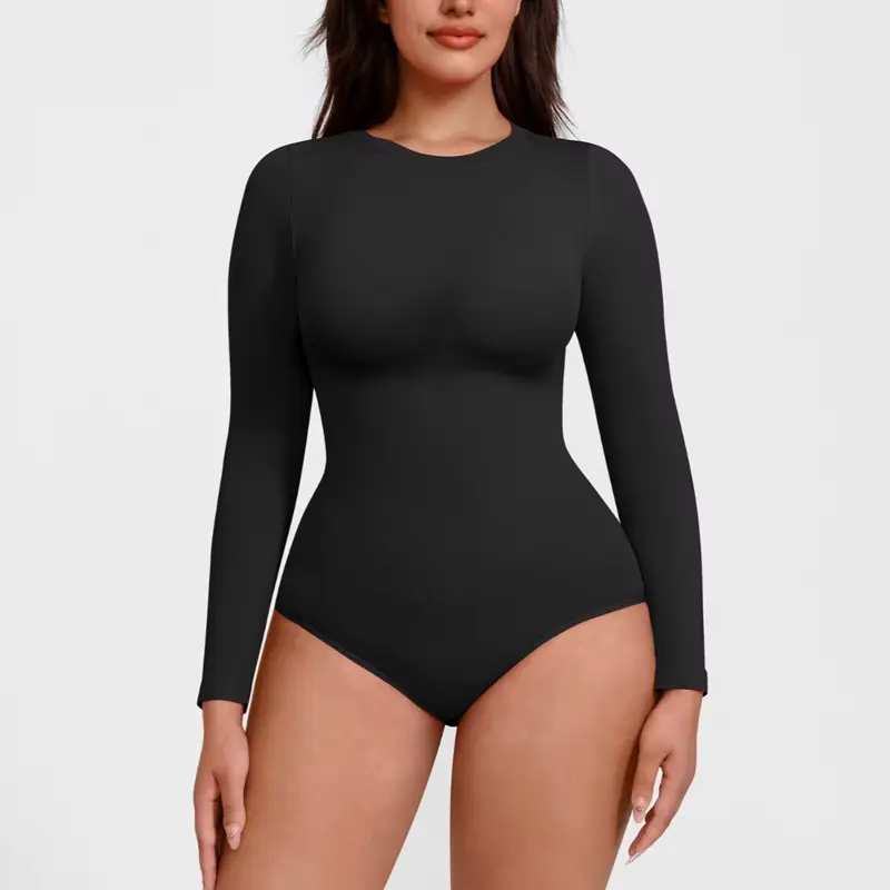Seamless long-sleeve bodysuit Womenswear Nylon Spandex Smooth Light Soft Tops Basic Casual