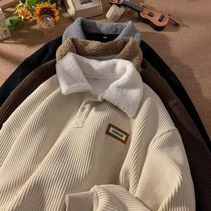 2025 NEW Corduroy Polo collar sweater couple autumn and winter style plus velvet thickened simple fashion lamb wool coat Comfort Long Sleeve