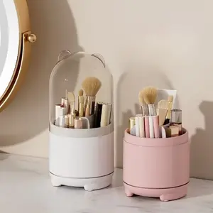Cute Makeup Brush Storage Box with Lid, Rotating Dustproof Container, Clear Acrylic Cover, Makeup Brush Holder, Suitable for Vanity Table, Desk, Bathroom Counter