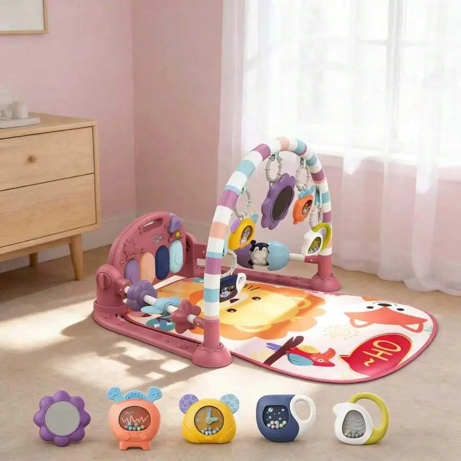 Musical Baby Gym Play Mat - Piano Tummy Time Activity Center with 5 Sensory Toys, Lights & Sounds Learning Mat for Newborns 0-12 Months, Ideal Baby Shower Gift for Boys & Girls