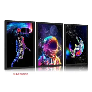 3-Piece Set: Cool Astronaut Canvas Wall Art, Funny and Whimsical Astronaut Basketball Poster, Space-Themed Artwork—Perfect for decorating teenage boys' rooms, living rooms, and bedrooms. Frameless.