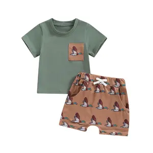 Toddler Baby Boys Clothes Toddler Summer Outfits Short Sleeve Duck Print Pocket T-Shirt Tops and Shorts Farm Baby Clothes