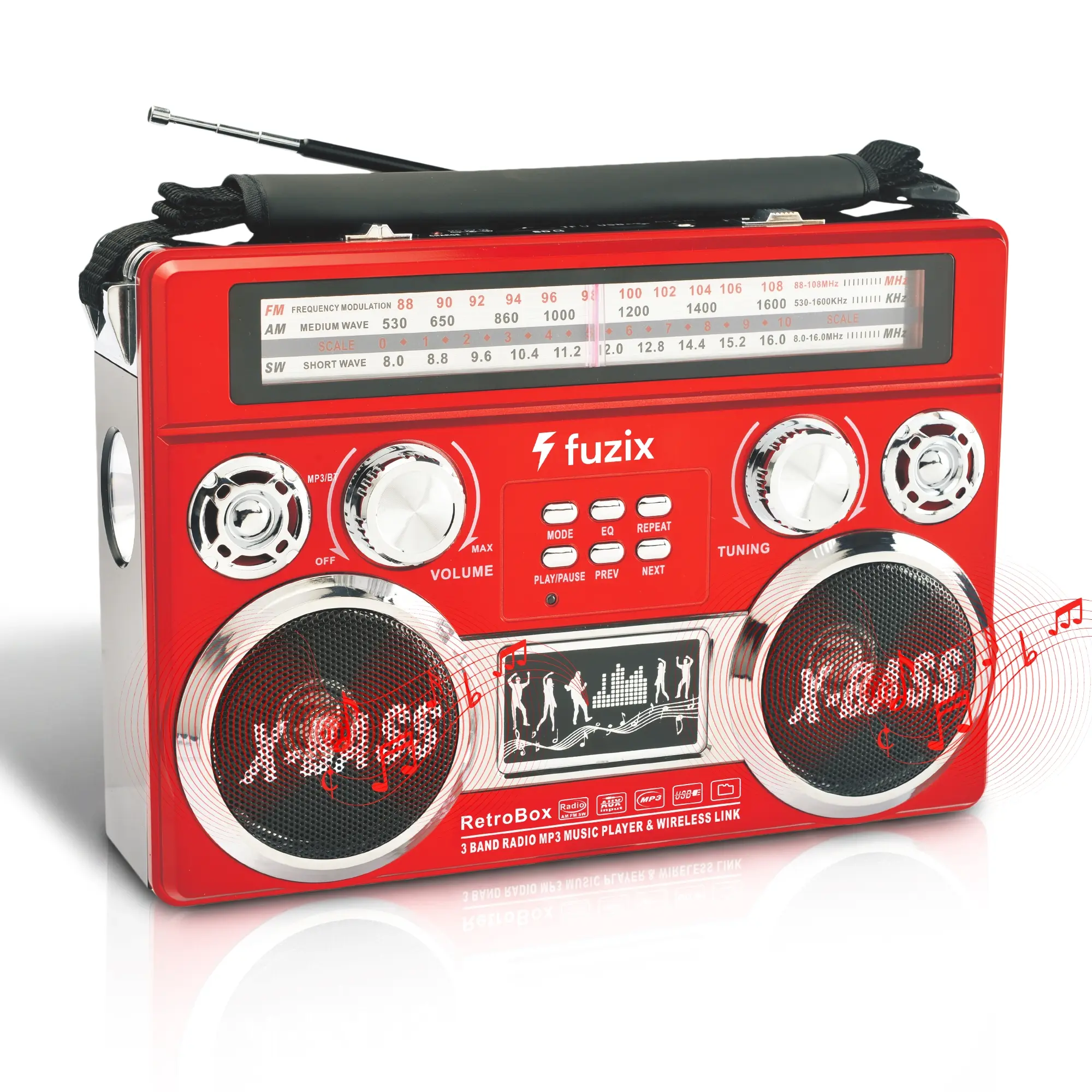 Fuzix Retrobox AM/FM/SW 3-Band Portable Audio Radio Speaker Player Receiver with Wireless Bluetooth Boombox, Built-in Flashlight, SD, MicroSD, AUX Input, Rechargeable Battery