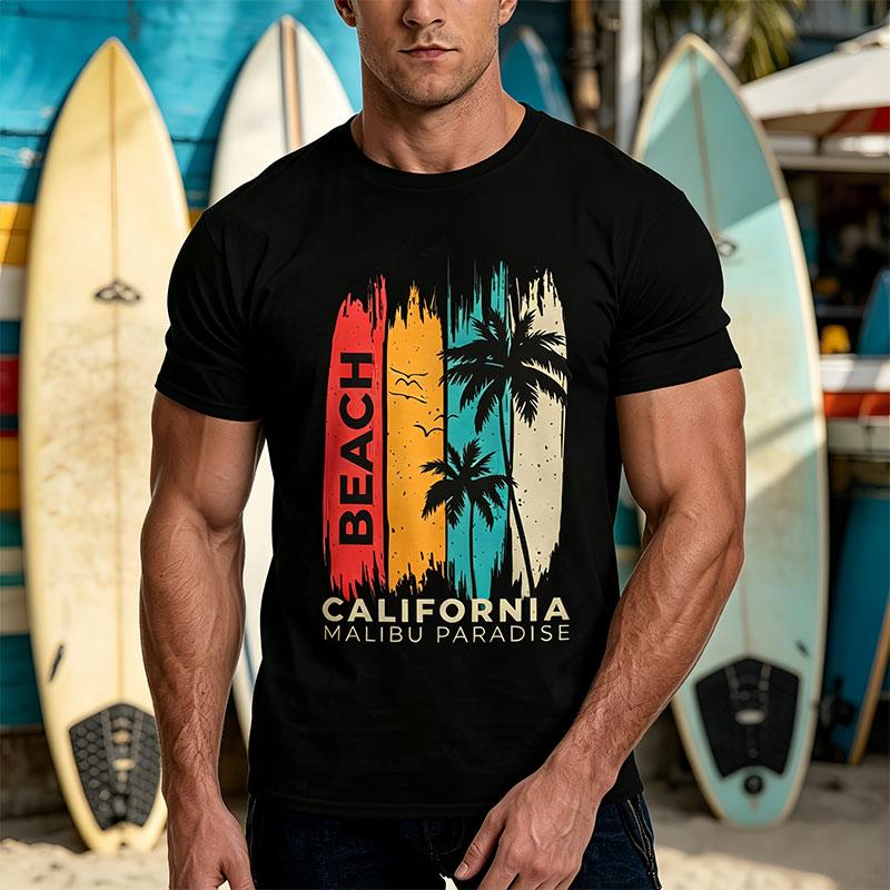 Summer Vacation Surf Beach Tshirt Retro Palm Tree California Malibu Mens Tee Mens Short Sleeve Top Menswear Streetwear Tropical Shortsleeve Round Neck Crewneck Casual