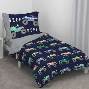 Carter's Monster Truck 4 Piece Toddler Bed Set - Comforter, Fitted Bottom Sheet, Flat Top Sheet, Standard Pillowcase, Navy and Grey