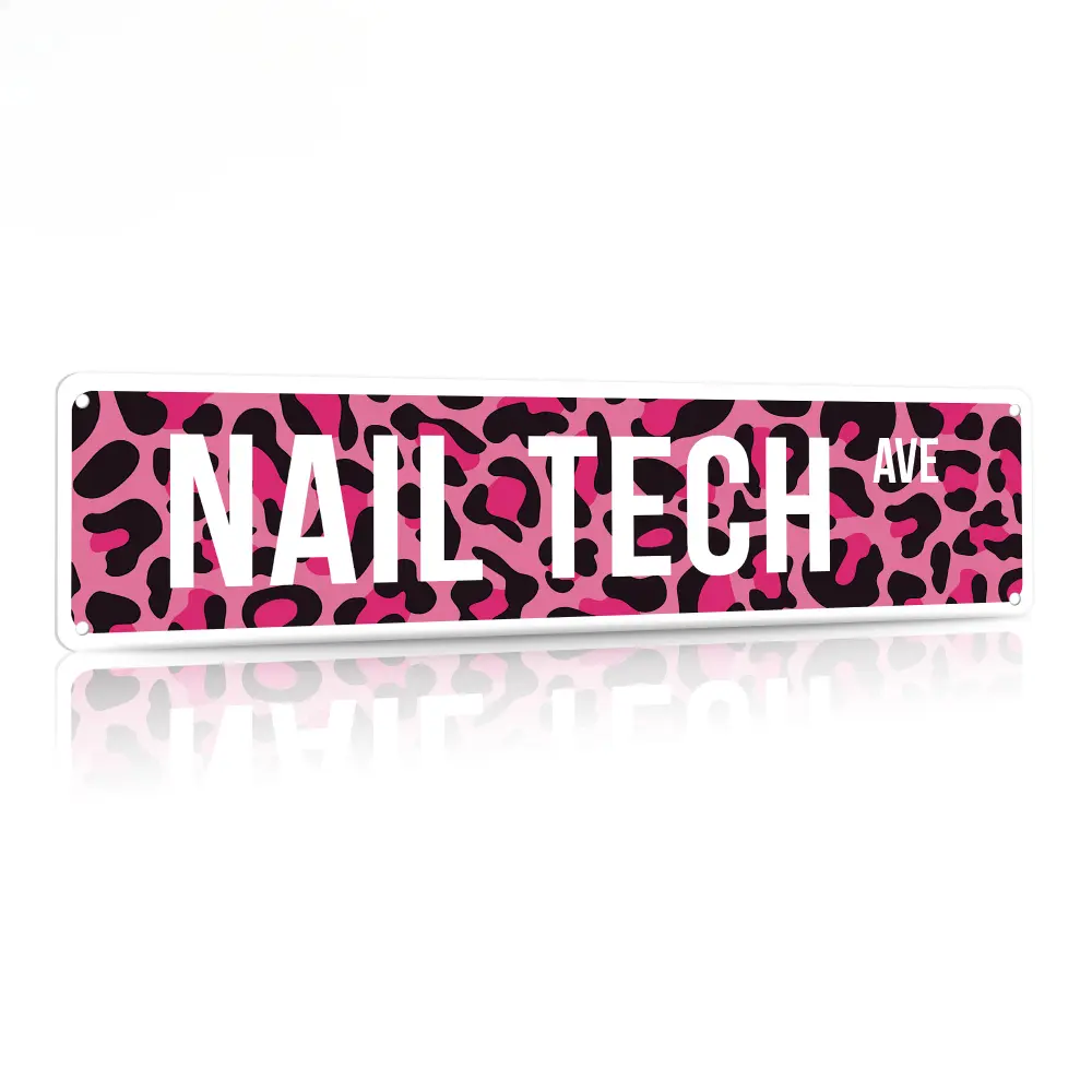 1pc Pink Leopard Print Vintage Metal Tin Wall Sign for Nail Techs - Retro Road Style Plaque with Pre-Drilled Holes, 3.9x15.7in, Nail Salon Decor, Home Decor