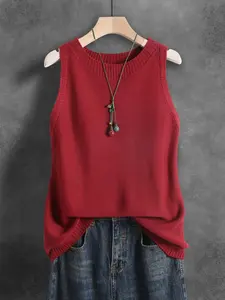 Women's Sleeveless Round Neck Knitted Vest, Loose Fit Casual Outerwear, Fashionable Comfort for Daily Wear, Beach Vacation, All Seasons