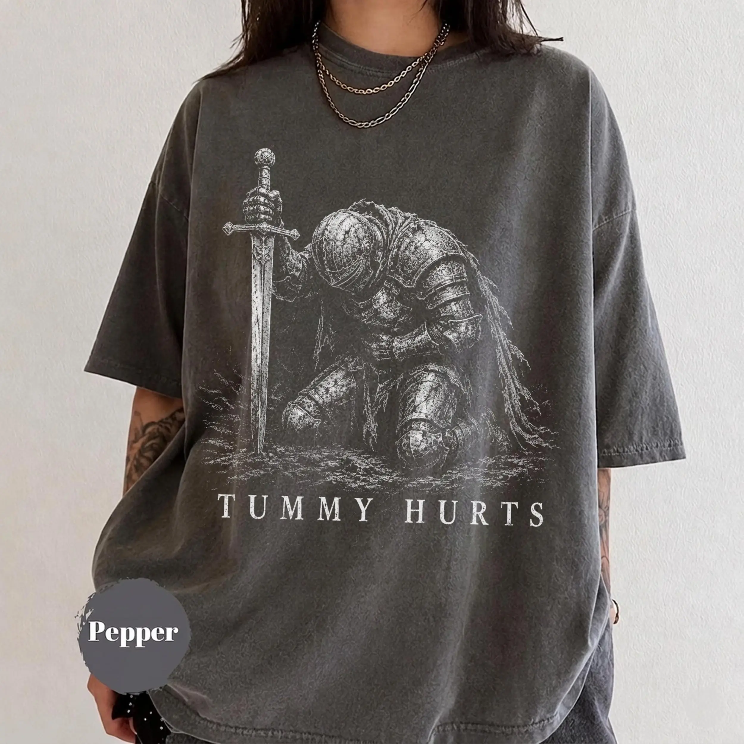 Comfort Colors Tummy Hurts Knight Funny Dark Fantasy Y2k Graphic Tee, Ironic Meme Gamer Girl Retro Elden Knight Unisex T-Shirt - Perfect Gift for Fans
