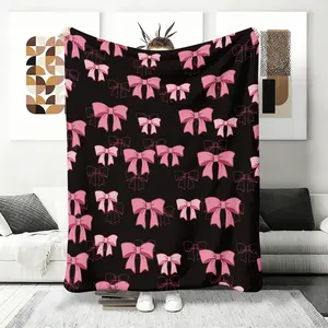 Black Pink Bow Print Flannel Blanket, Modern Minimalist Fleece Throw, Repeating Pattern for Living Room, Soft Accent Blanket for Sofa,Perfect Novelty Gift for Friends Fans Adults Women Men Vintage Style, bedding, plush blankets, mellow blankets
