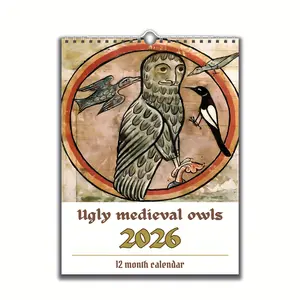 2026 Fun Medieval Owl Painting Wall Calendar, Animal Theme Vintage Wall Decor, Daily Weekly Monthly Views, Weekly Planner, Office Home Hanging Month Calendar
