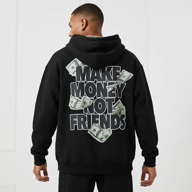 Men's MAKE MONEY NOT FRIENDS Graphic Hoodie - Cotton Blend Long Sleeve Pullover Regular Fit | Soft & Breathable Fabric, Durable Print, Everyday Comfort, Machine Washable, urban streetwear city backdrop