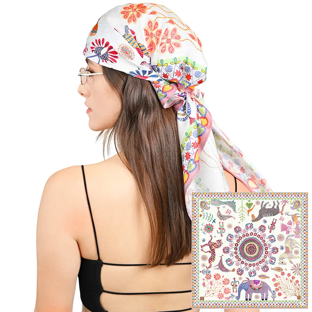 Luxury Hand-Painted Silk Scarf - 100% Mulberry Silk 14mm Twill Weave, Exotic Floral & Elephant Design, Versatile Fashion Accessory，women's clothes，clothes women