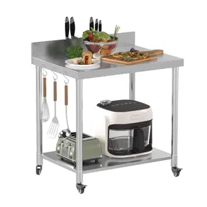 YODOLLA Stainless Steel Table with Shelves and 2 Adjustable Tier Overshelves Workbench for Home Restaurant Kitchen Rack Organiser