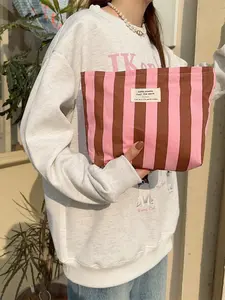 Women's Striped Storage Bag, Contrast Color Design, Large Capacity Makeup Organizer, Canvas Handbag & Shoulder Bag, Fashionable Unique Bags