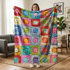 1 pc vintage crochet blanket with houndstooth patchwork flannel, all-over colorful crochet square pattern, Bohemian retro style. Soft, warm, and comfortable—a versatile gift blanket suitable for sofas, beds, offices, shawls, camping, and travel.