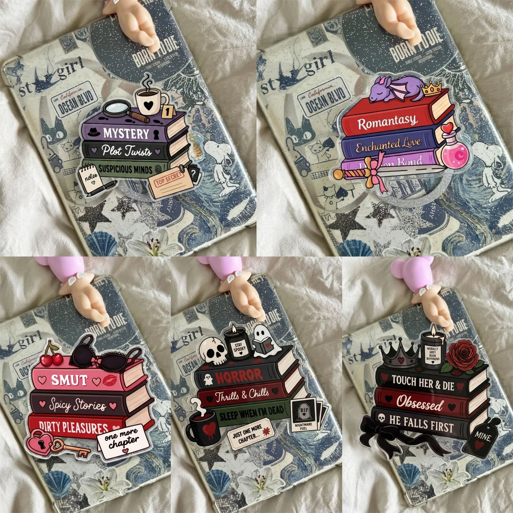 Aesthetic Pastel Goth Horror Phone Grip Cute Skull Nightmare Fuel Griptok Stay Spooky Book Stack Phone Holder Trendy Bookish Tech Accessory