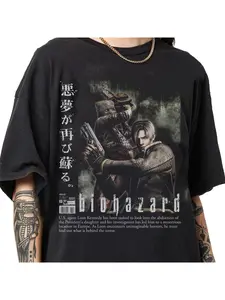 Retro Pirated Style Streetwear Round Neck Resident Evil T-shirts From The 1990s, Leon Kennedy T-shirts, Unisex Retro Resident Evil Theme T-shirts
