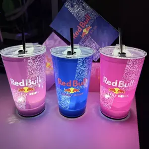 Red Bull Creative Party LED Luminous Cup 14oz – Custom Color Glow Cup with Straw Lid, Easy Clean