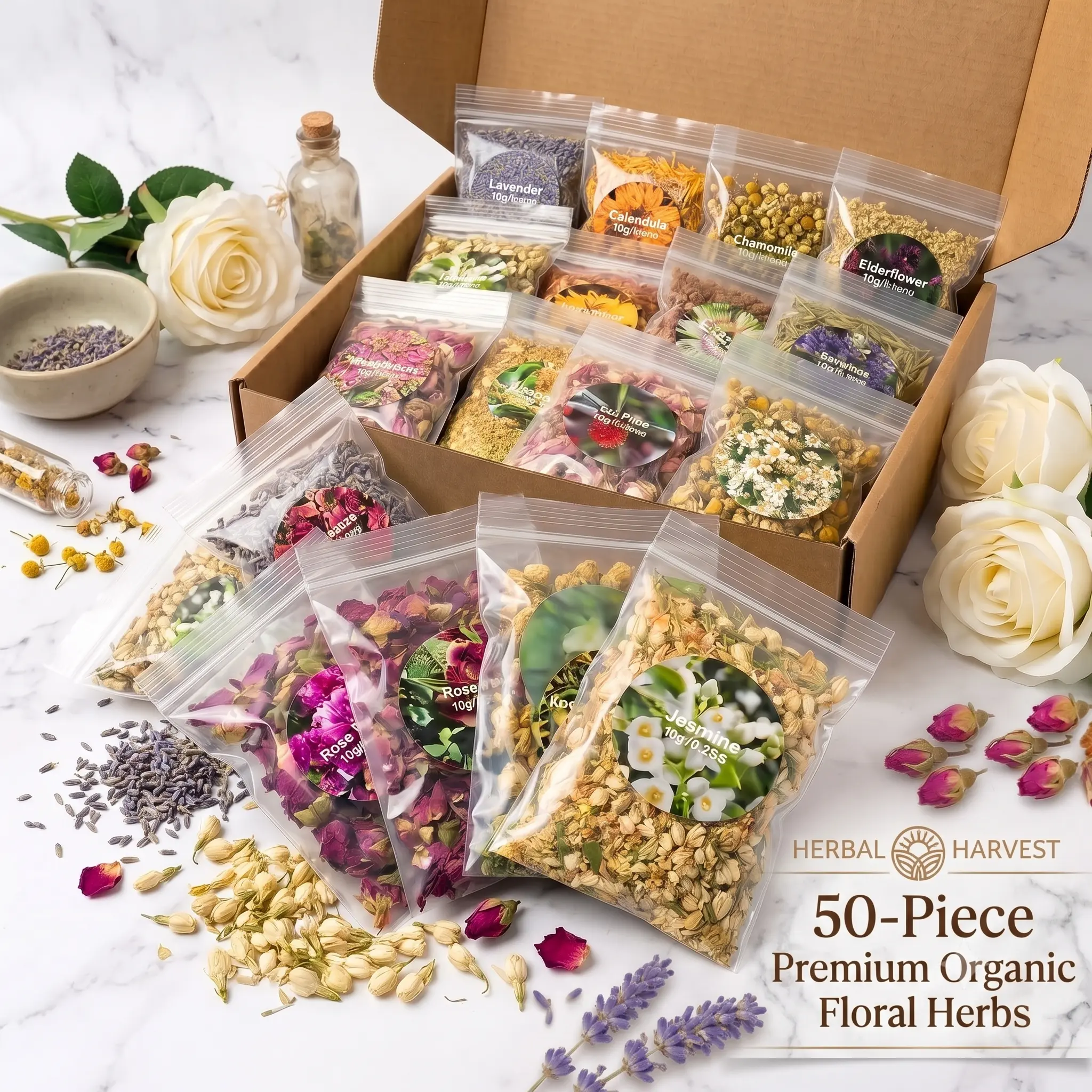 50-Piece Premium Organic Floral Herbs Witchcraft & Apothecary Kit - Beginner Spell Supplies, Wiccan Rituals, Energy Cleansing & DIY Crafts,Apothecary
